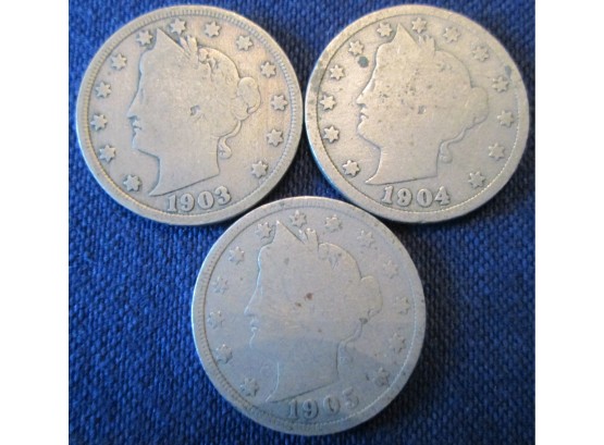 SET Of 3 COINS! Authentic 1903P, 1904P & 1905P 'v' LIBERTY NICKELS $.05, United States