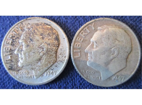 SET Of 2 COINS! Authentic 1947P/D ROOSEVELT SILVER DIMES $.10, United States