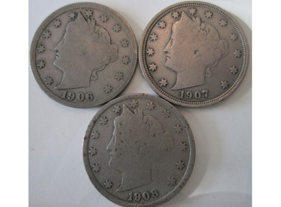 SET Of 3 COINS! Authentic 1906P, 1907P & 1908P 'v' LIBERTY NICKELS $.05, United States