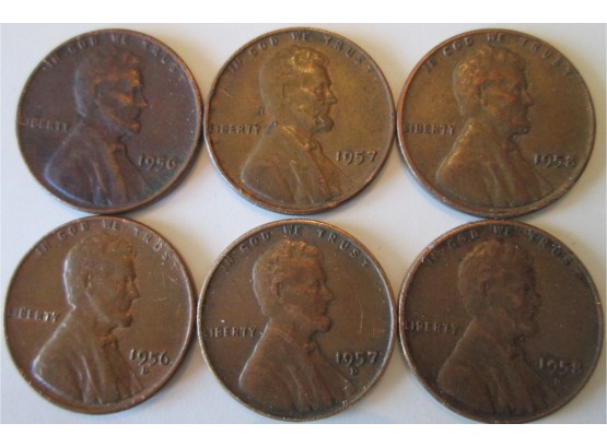 SET Of 6! Authentic 1956P/D, 1957P/D & 1958PD LINCOLN Cent WHEAT Penny $.01, United States