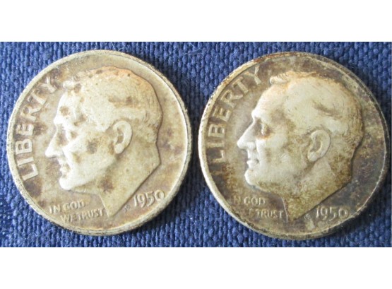 SET Of 2 COINS! Authentic 1950P/D ROOSEVELT SILVER DIMES $.10, United States