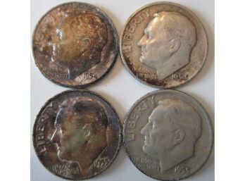 SET Of 4 COINS! Authentic 1954P/D & 1955 P/D ROOSEVELT SILVER DIMES $.10, United States