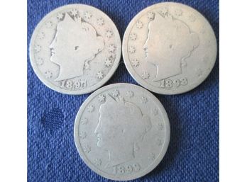 SET Of 3 COINS! Authentic 1897P, 1898P & 1899P 'v' LIBERTY NICKELS $.05, United States