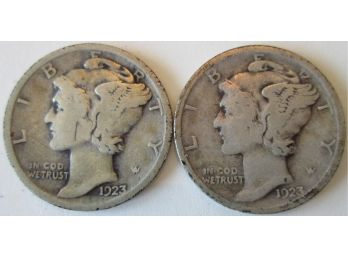 SET Of 2 COINS! Authentic 1923P & 1923S MERCURY SILVER DIMES $.10 United States