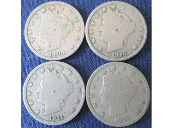 SET Of 4 COINS! Authentic 1909P, 1910P, 1911P & 1912P 'v' LIBERTY NICKELS $.05, United States