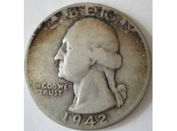 Authentic 1942P WASHINGTON SILVER QUARTER Dollar $.25 United States
