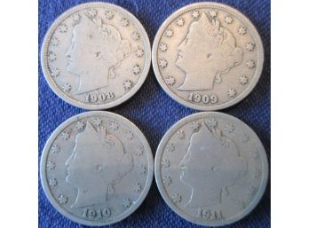 SET Of 4 COINS! Authentic 1908P, 1909P, 1910P & 1911P 'v' LIBERTY NICKELS $.05, United States
