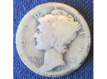 Authentic First Year Issue, 1916S MERCURY SILVER DIME $.10 United States