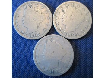 SET Of 3 COINS! Authentic 1903P, 1904P & 1905P 'v' LIBERTY NICKELS $.05, United States