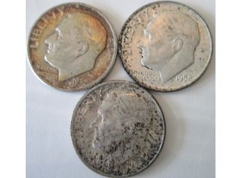 SET Of 3 COINS! Authentic 1952P/D/S ROOSEVELT SILVER DIMES $.10, United States