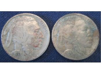 SET Of 2 COINS! Authentic 1937P&D BUFFALO NICKELS $.05, United States Type Coin