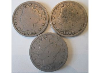 SET Of 3 COINS! Authentic 1905P, 1906 & 1907P 'v' LIBERTY NICKELS $.05, United States