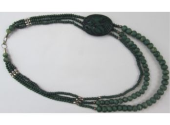 Vintage Multi Strand NECKLACE, Carved Green Wood Beads, Off Center Pendant, Silver Tone Base Metal Accents