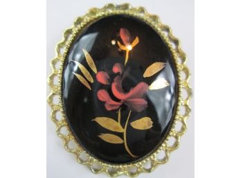 Vintage Victorian Style BROOCH PIN, Black Painted FLORAL Insert, Gold Tone Base Metal Finish, Costume
