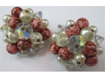 Signed LAGUNA, Vintage PAIR CLIP EARRINGS, Faux Pearls & Faceted Beads, Bright Silver Tone Base Metal Finish