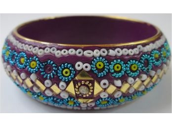 Contemporary Bangle BRACELET, Purple Color With Beaded Mosaic Design, 1' Wide, Gold Tone Base Metal Setting
