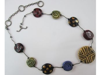 Contemporary Chicos Style NECKLACE, Multicolor Patterned DISCS, Silver Tone Base Metal Tube Beads, Loop Closur