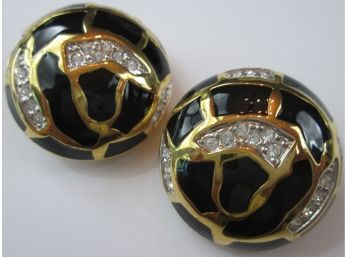 Vintage CLIP EARRINGS, Stylized DOME Design With Black Accents & Clear Rhinestones, Gold Tone Base Metal