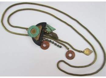 Vintage BOLO TIE Necklace, Multicolor Geometric MODERNITST Design, Gold Tone Base Metal Chain