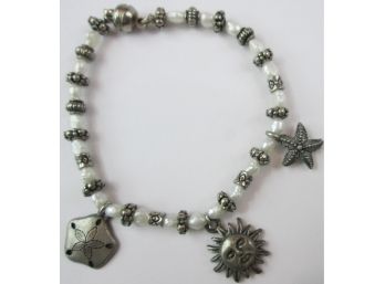 Contemporary Bead BRACELET With STARFISH, SUN & SAND DOLLAR Charms, Silver Tone RONDELLES, Magnetic Clasp