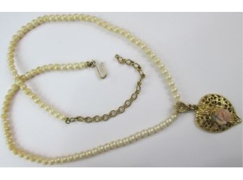 Vintage Faux Pearl Necklace, Filigree HEART Pendant With Flower, Adjustable Loop Closure, Approx 18' Length