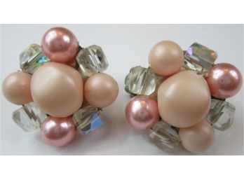 Vintage PAIR CLIP EARRINGS, Pink Faux Pearl & Iridescent Beads, Silver Tone Base Metal Finish, Made In JAPAN