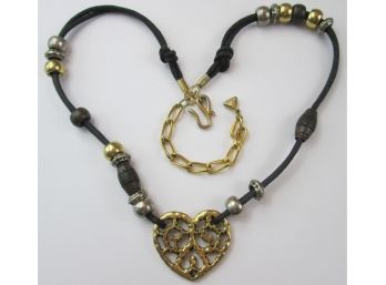 Contemporary Beaded CORD NECKLACE, Filigree HEART Pendant, Adjustable Loop Closure, Approximately 20' Length