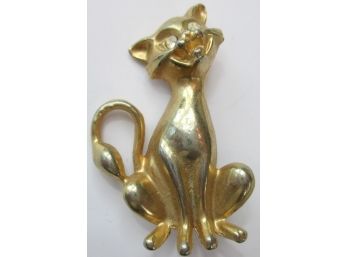 Vintage BROOCH PIN, SIAMESE KITTY CAT Design, Rhinestone Eyes, Gold Tone Base Metal Finish