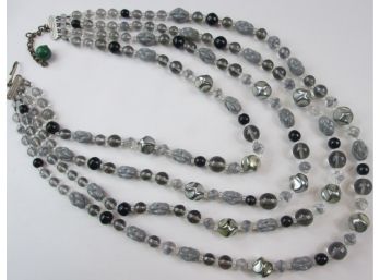 Vintage Multi Strand NECKLACE, Gray Tone Glass Beads, Adjustable Length, Base Metal Loop Closure