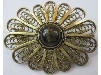 Vintage BROOCH PIN, Filigree Oblong FLOWER Design, Central CABOCHON Stone, Sterling .925 Silver, ISRAEL