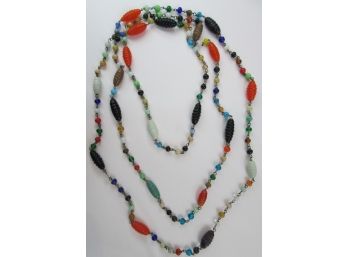 Vintage Single STRAND NECKLACE, Multicolor Glass BEADS, Chain Construction, Slip Over 47' Length