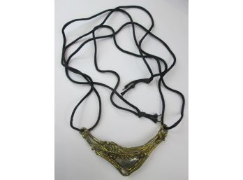 Handcrafted Cord NECKLACE, Brutalist Drop Pendant, Brass & Silver Tone Base Metal Construction