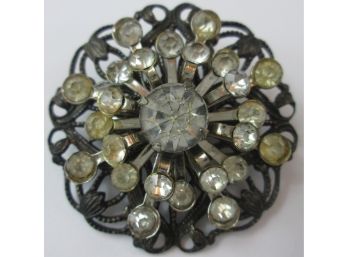 Vintage BROOCH PIN, Faceted Clear Rhinestones, CIRCLE Design, Antiqued Base Metal Setting, Costume