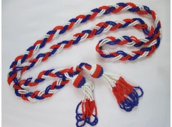 Vintage FLIP LARIAT Necklace, Braided Red Whit Blue Bead Tassels, 46' Length