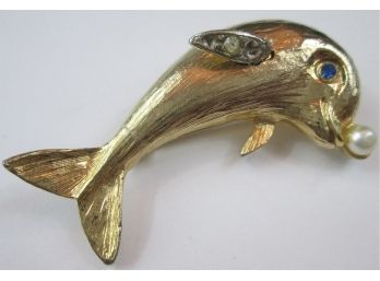 Vintage BROOCH PIN, Whimsical DOLPHIN PORPOISE Design, Faux Pearl, Brushed GOLD Tone Base Metal