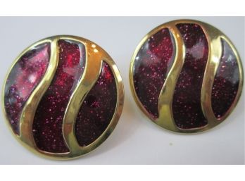 Vintage Pierced EARRINGS, Stylized DOME Design With Burgundy Red Glitter Accents, Gold Tone Base Metal