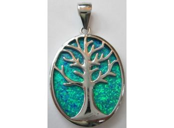 Vintage Drop PENDANT, Stylized Modern TREE Of LIFE Design Iridescent BLUE Glitter, Sterling 925 Silver Setting