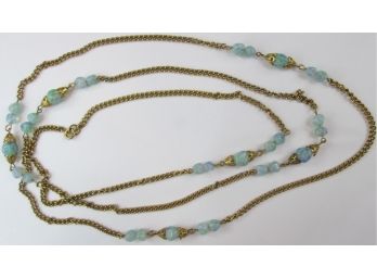 Vintage Single Strand CHAIN Necklace, Faux Blue OPAL Color Beads, Gold Tone Base Metal, Appx. 53' Length
