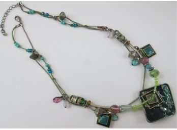 Contemporary DROP NECKLACE, Multicolor Beads & STAINED GLASS Style Pendant, Base Metal, Functional Clasp