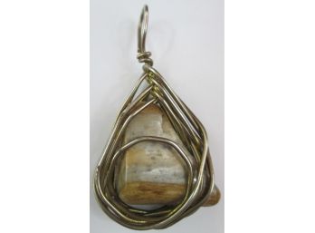 Contemporary Drop PENDANT, Naturalistic Polished AGATE Stone, Handcrafted Base Metal Wire Setting