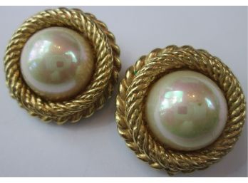 Signed CHRISTIAN DIOR, Vintage PAIR CLIP EARRINGS, Domed Faux PEARL Inserts, Gold Tone Base Metal Settings