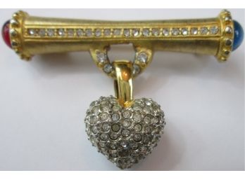 Vintage BROOCH PIN, Dangle HEART Design, Multicolor & Clear RHINESTONES, Gold Tone Base Metal Construction