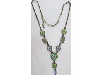 Contemporary Chain NECKLACE, Beaded Flower Design, Faceted Beads & Rhinestones, Silver Tone Base Metal Chain