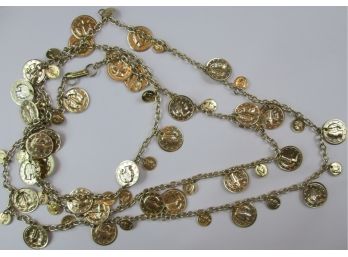 Vintage Lightweight CHAIN Necklace, Multi Faux COIN CHARM Style, Gold Tone Base Metal Finish, Clasp Closure