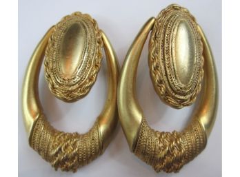 Vintage Oversized Clip Earrings, Intricate Design, Hinged OVAL Style, Gold Tone Base Metal