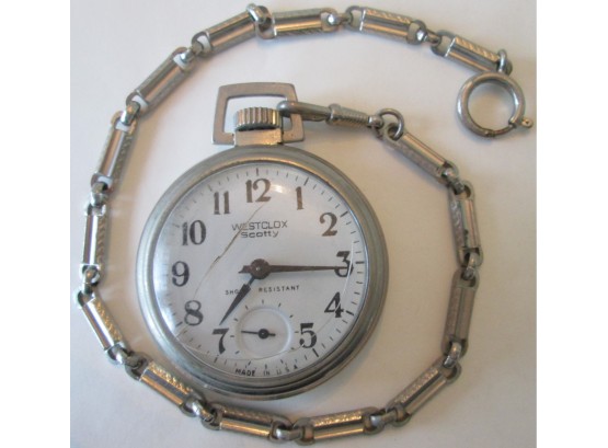 Signed WESTCLOX, Vintage SCOTTY POCKET WATCH With Chain, Silver Tone Base Metal Finish
