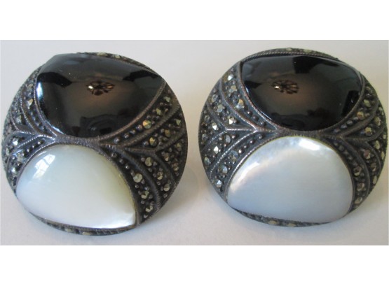 Signed, Vintage PAIR Pierced EARRINGS WITH GUARD, Mother Of Pearl & Black Inserts, MARCASITE Stones