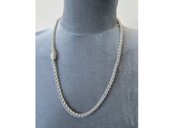 Vintage BRAIDED ROPE NECKLACE, Decorative Magnetic Closure, Silver Tone Base Metal