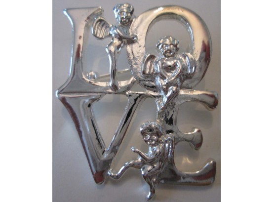 Vintage 'LOVE' BROOCH PIN, Cherub Detail, Bright Silver Tone Base Metal Finish