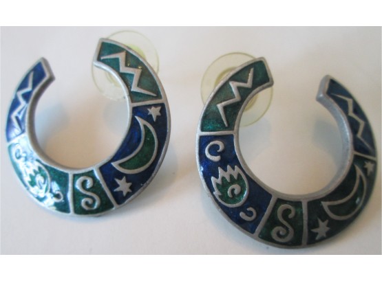 Signed BEREBI, Vintage PAIR Pierced EARRINGS Costume, CELESTIAL Design, Blue & Green Decoration
